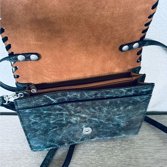 Patricia Nash Lanza Turquoise Blue Brown Floral Tooled Crossbody Purse Bag - Picture 6 of 7